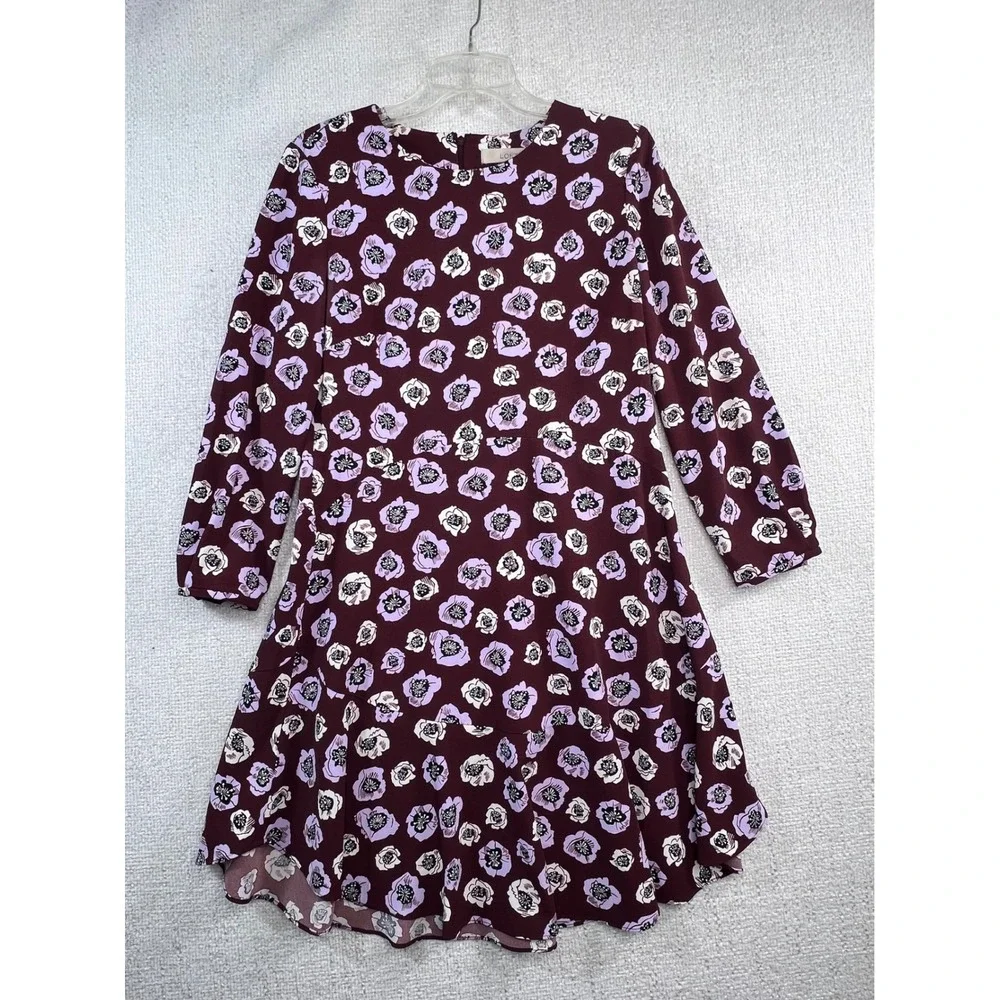 Loft Burgundy Floral Poppy Long Sleeve Ruffle Hem‎ Dress Purple White Womens